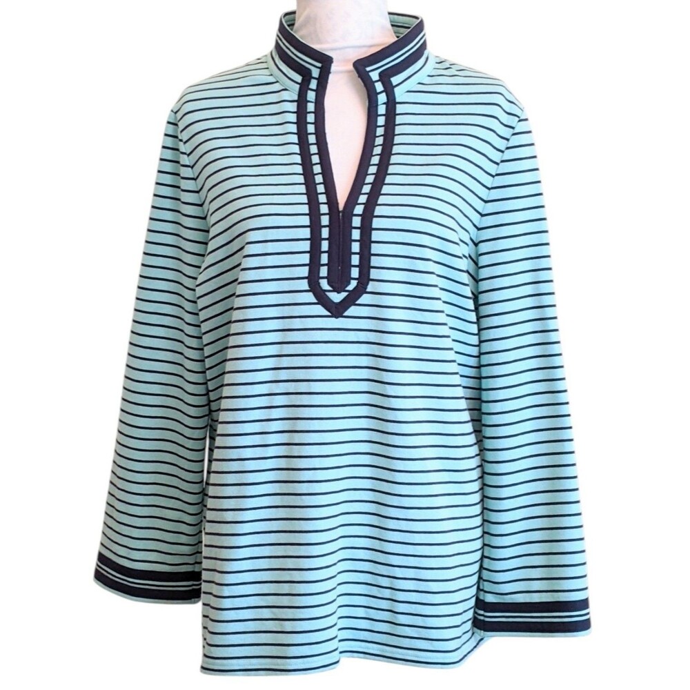 TALBOTS Tunic Tee Top Mint Green Navy Blue Coastal Nautical Large